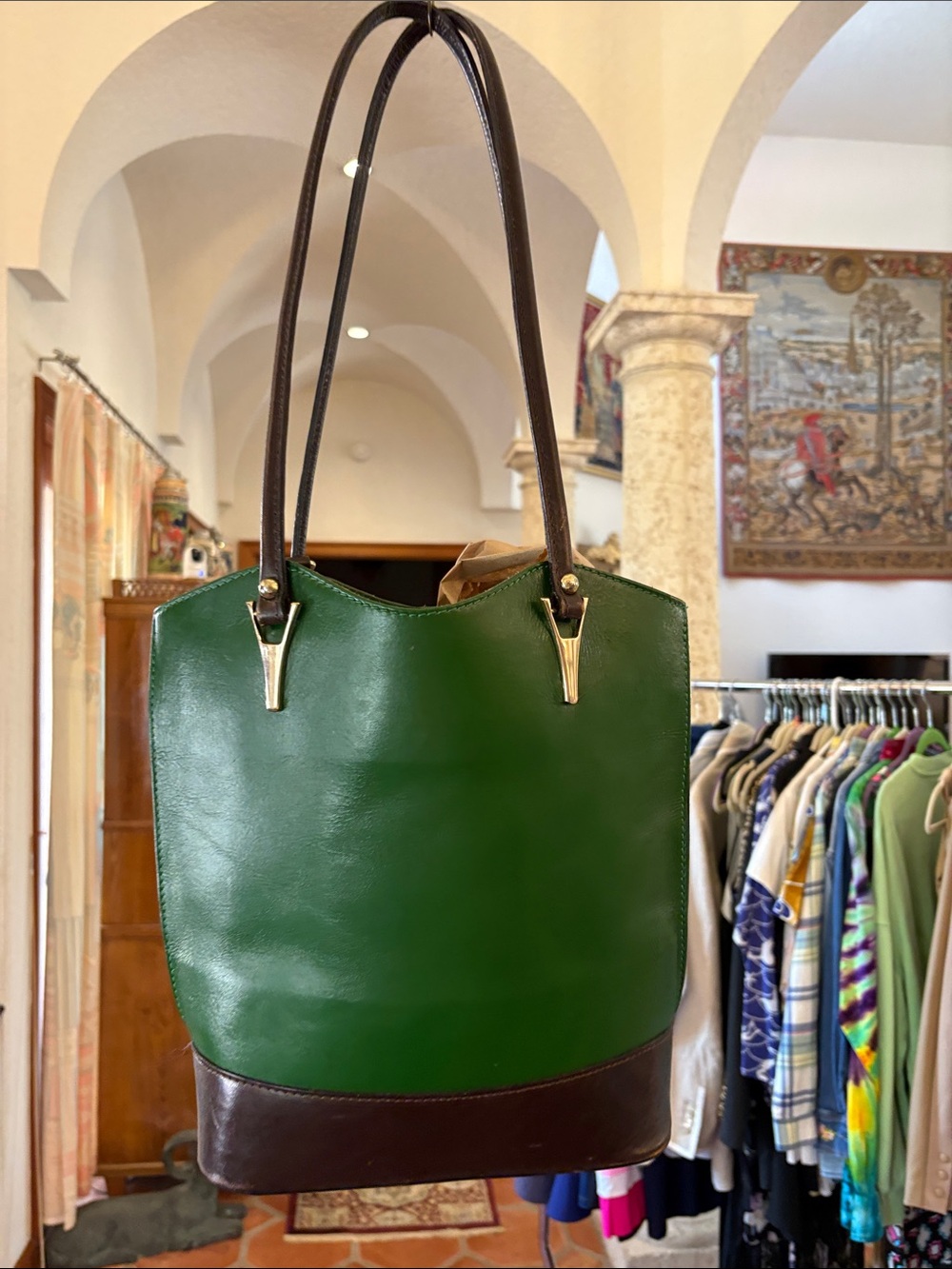 Raffa Hunt Green and Brown, leather satchel bag